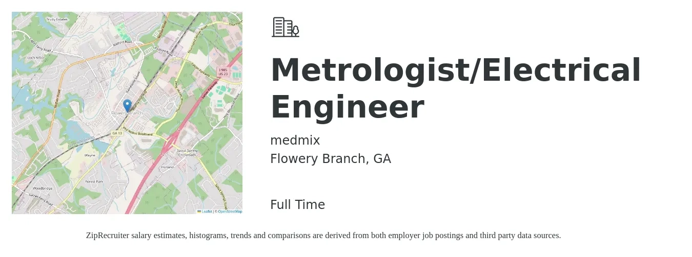 medmix job posting for a Metrologist/Electrical Engineer in Flowery Branch, GA with a salary of $90,300 Yearly with a map of Flowery Branch location.