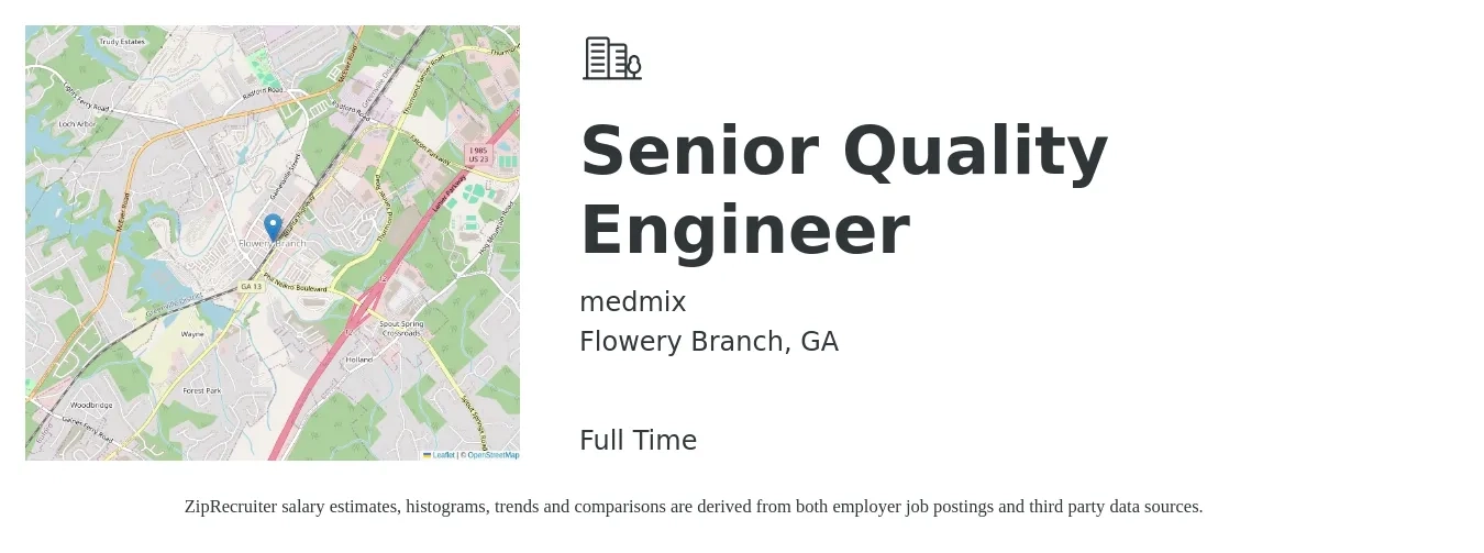 medmix job posting for a Senior Quality Engineer in Flowery Branch, GA with a salary of $81,100 to $110,000 Yearly with a map of Flowery Branch location.