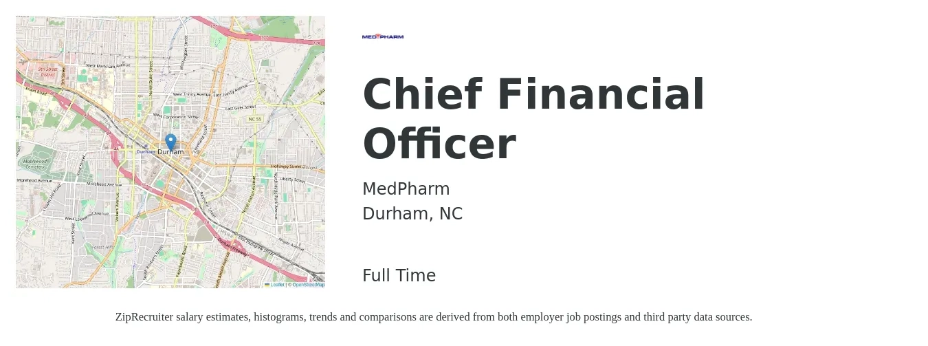 MedPharm job posting for a Chief Financial Officer in Durham, NC with a salary of $127,800 to $362,400 Yearly with a map of Durham location.