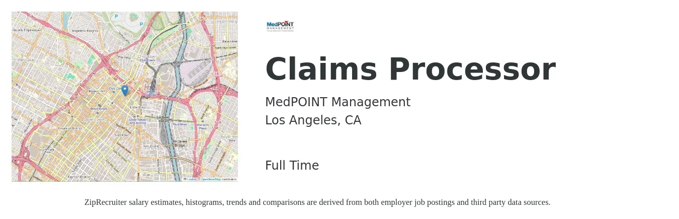 MedPOINT Management job posting for a Claims Processor in Los Angeles, CA with a salary of $19 Hourly and benefits including dental, life_insurance, medical, pto, retirement, and vision with a map of Los Angeles location.