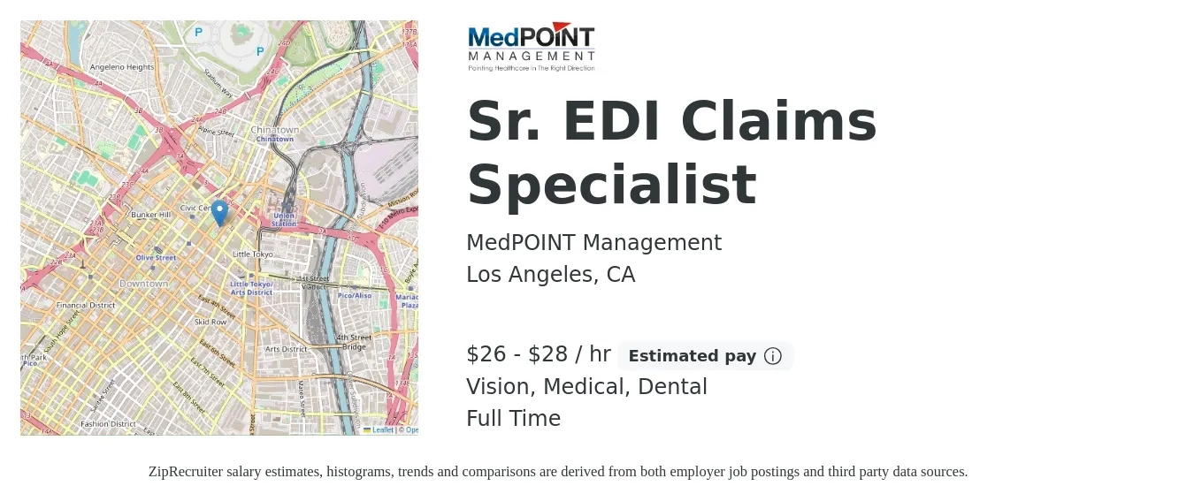 MedPOINT Management job posting for a Sr. EDI Claims Specialist in Los Angeles, CA with a salary of $28 to $30 Hourly and benefits including dental, life_insurance, medical, pto, retirement, and vision with a map of Los Angeles location.