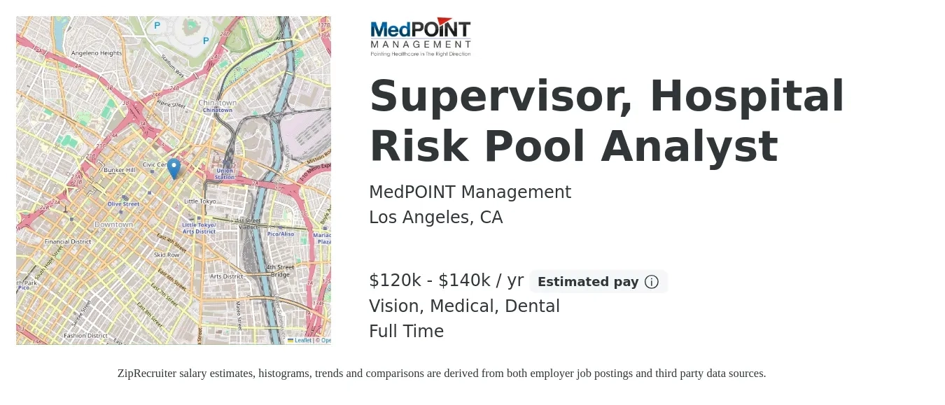 MedPOINT Management job posting for a Supervisor, Hospital Risk Pool Analyst in Los Angeles, CA with a salary of $120,000 to $140,000 Yearly and benefits including dental, life_insurance, medical, retirement, and vision with a map of Los Angeles location.