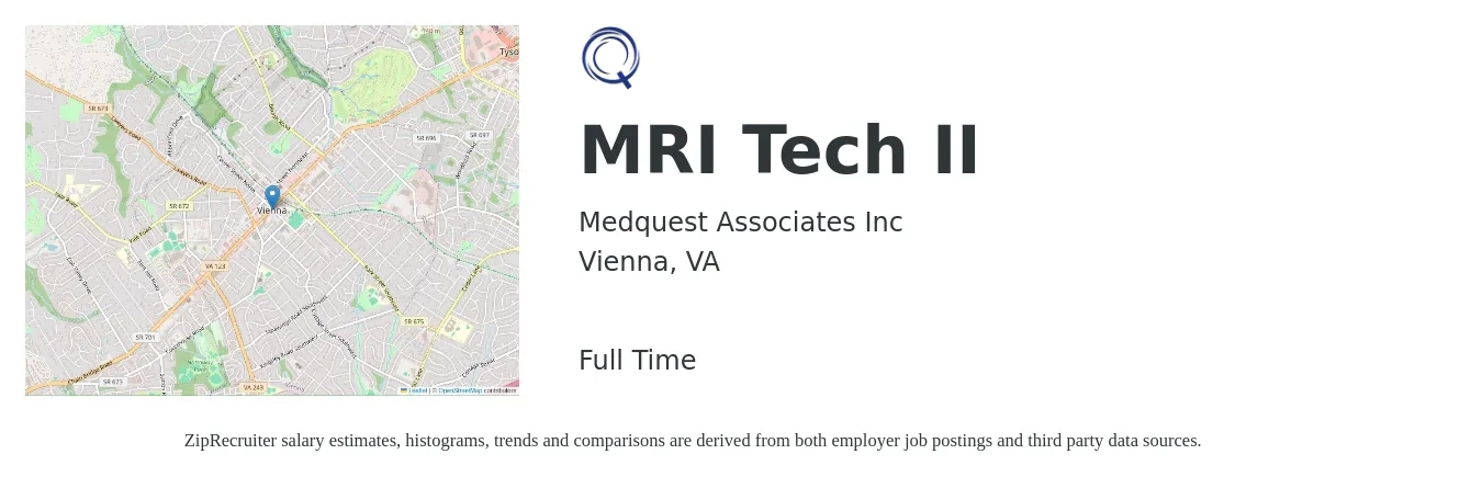 Medquest Associates Inc job posting for a MRI Tech II in Vienna, VA with a salary of $1,680 to $2,710 Weekly with a map of Vienna location.