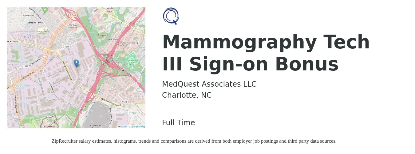 MedQuest Associates LLC job posting for a Mammography Tech III Sign-on Bonus in Charlotte, NC with a salary of $1,720 to $2,470 Weekly with a map of Charlotte location.
