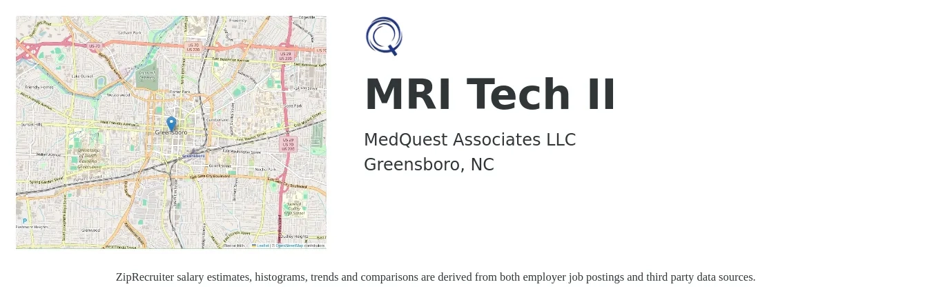 MedQuest Associates LLC job posting for a MRI Tech II in Greensboro, NC with a salary of $1,620 to $2,620 Weekly with a map of Greensboro location.
