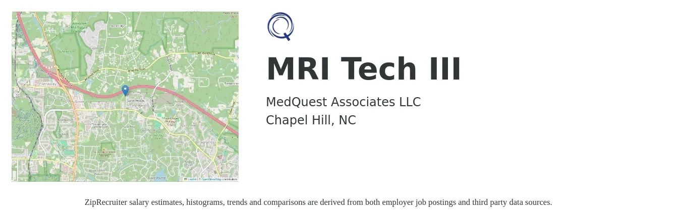 MedQuest Associates LLC job posting for a MRI Tech III in Chapel Hill, NC with a salary of $1,530 to $2,480 Weekly with a map of Chapel Hill location.