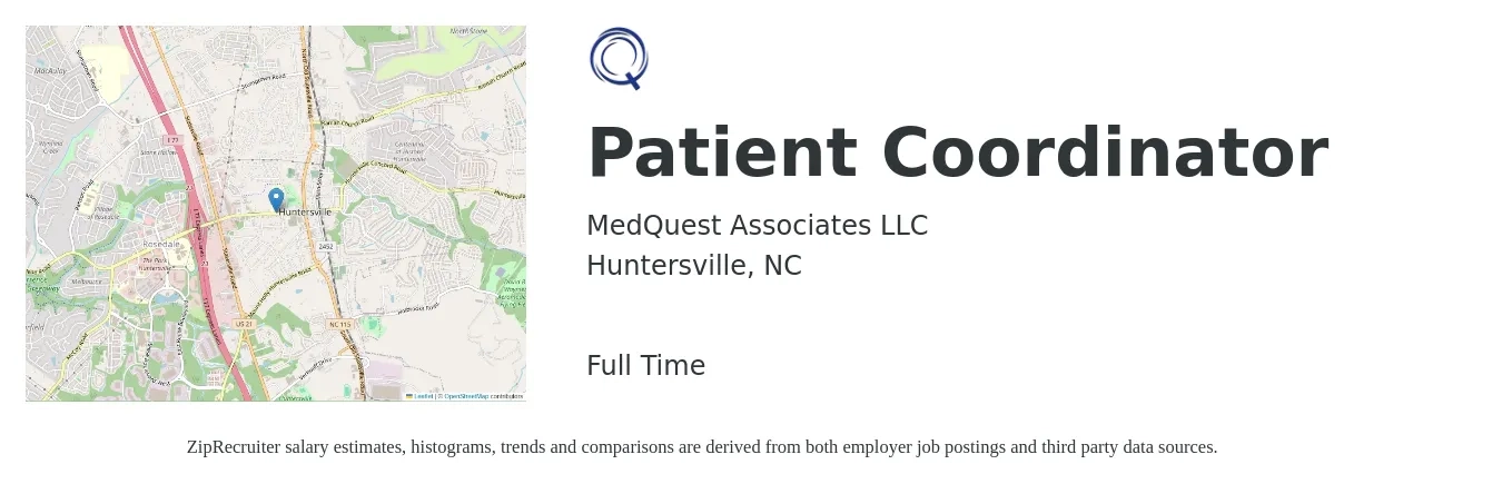 MedQuest Associates LLC job posting for a Patient Coordinator in Huntersville, NC with a salary of $16 to $22 Hourly with a map of Huntersville location.