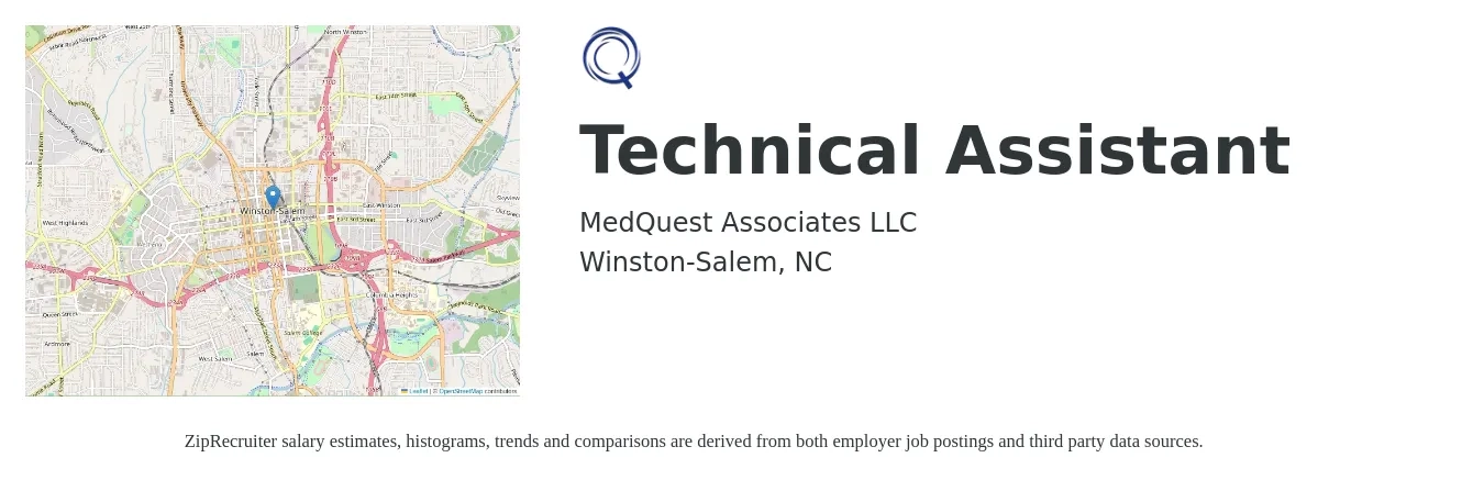 MedQuest Associates LLC job posting for a Technical Assistant in Winston-Salem, NC with a salary of $34,600 to $40,600 Yearly with a map of Winston-Salem location.