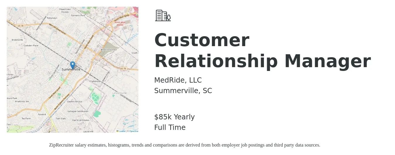 MedRide, LLC job posting for a Customer Relationship Manager in Summerville, SC with a salary of $85,000 Yearly with a map of Summerville location.