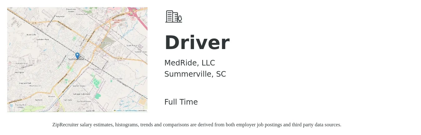 MedRide, LLC job posting for a Driver in Summerville, SC with a salary of $14 to $19 Hourly with a map of Summerville location.
