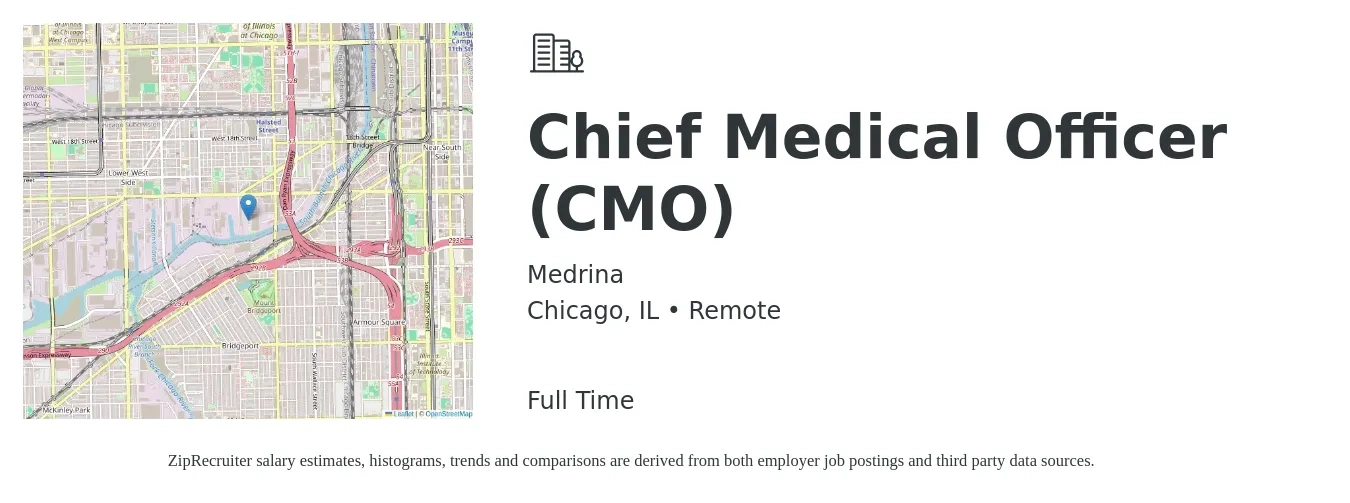 Medrina job posting for a Chief Medical Officer (CMO) in Chicago, IL with a salary of $244,300 to $337,600 Yearly with a map of Chicago location.