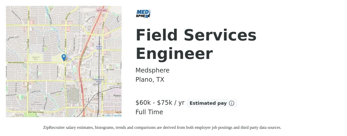 Medsphere job posting for a Field Services Engineer in Plano, TX with a salary of $65,000 to $75,000 Yearly with a map of Plano location.