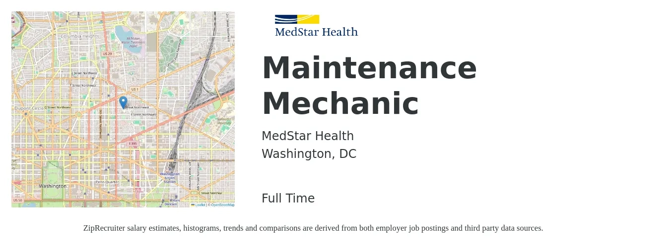 MEDSTAR HEALTH job posting for a Maintenance Mechanic in Washington, DC with a salary of $29 to $37 Hourly with a map of Washington location.