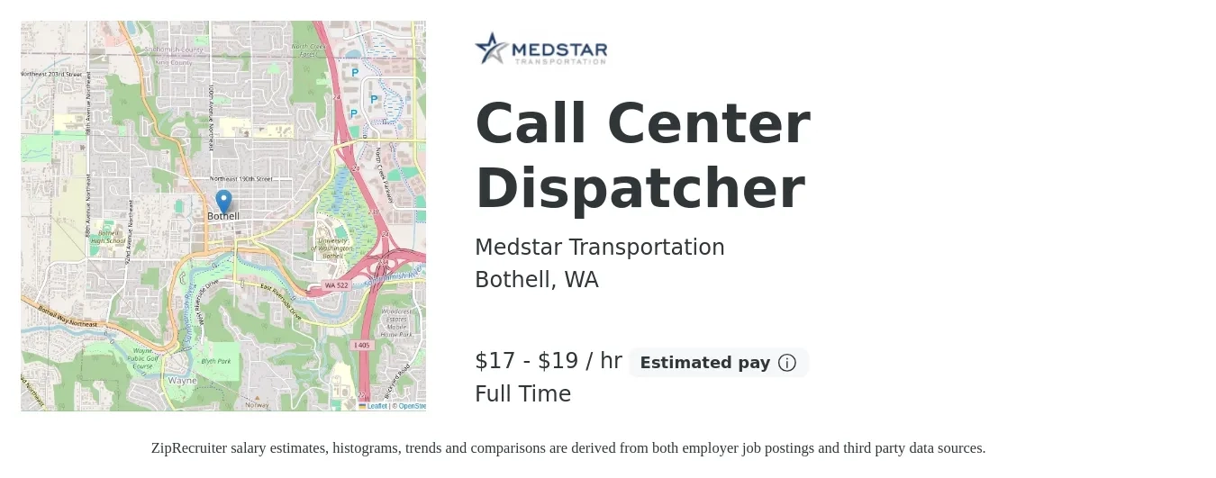 Medstar Transportation job posting for a Call Center Dispatcher in Bothell, WA with a salary of $18 to $20 Hourly with a map of Bothell location.