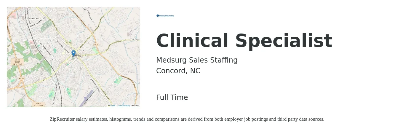 Medsurg Sales Staffing job posting for a Clinical Specialist in Concord, NC with a salary of $41,900 to $77,300 Yearly with a map of Concord location.