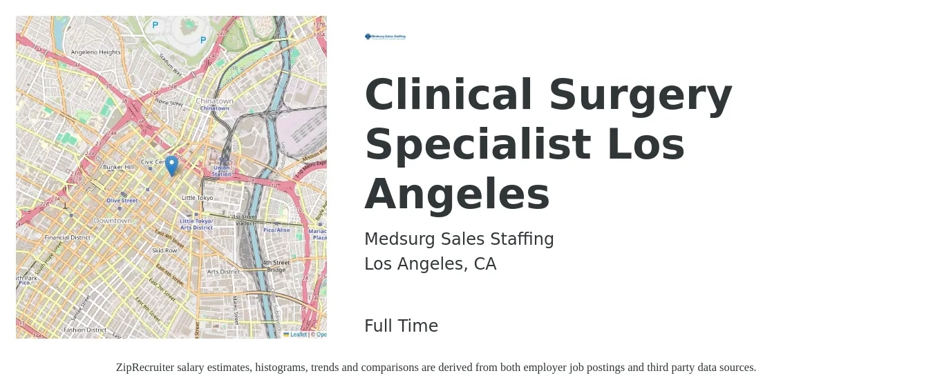 Medsurg Sales Staffing job posting for a Clinical Surgery Specialist Los Angeles in Los Angeles, CA with a salary of $48,500 to $89,400 Yearly with a map of Los Angeles location.
