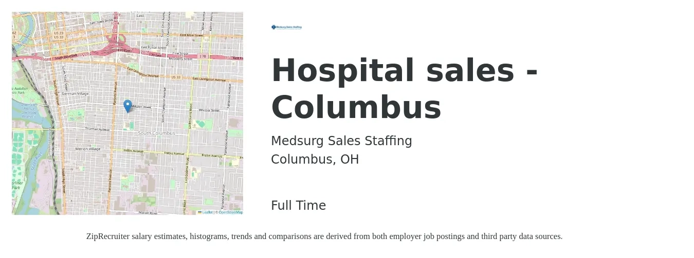 Medsurg Sales Staffing job posting for a Hospital sales - Columbus in Columbus, OH with a salary of $104,800 to $111,100 Yearly with a map of Columbus location.