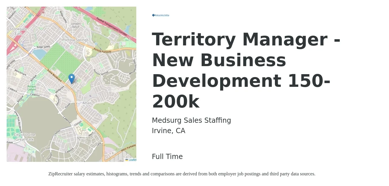 Medsurg Sales Staffing job posting for a Territory Manager - New Business Development 150-200k in Irvine, CA with a salary of $70,800 to $92,800 Yearly with a map of Irvine location.