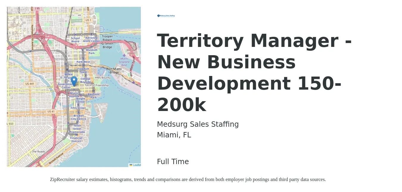 Medsurg Sales Staffing job posting for a Territory Manager - New Business Development 150-200k in Miami, FL with a salary of $63,100 to $82,700 Yearly with a map of Miami location.