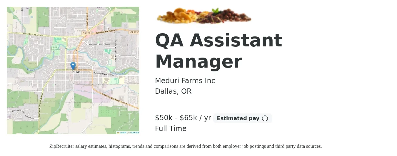 Meduri Farms Inc job posting for a QA Assistant Manager in Dallas, OR with a salary of $50,000 to $65,000 Yearly with a map of Dallas location.