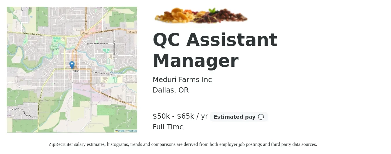Meduri Farms Inc job posting for a QC Assistant Manager in Dallas, OR with a salary of $50,000 to $65,000 Yearly with a map of Dallas location.