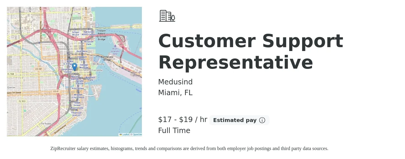 Medusind job posting for a Customer Support Representative in Miami, FL with a salary of $18 to $20 Hourly with a map of Miami location.