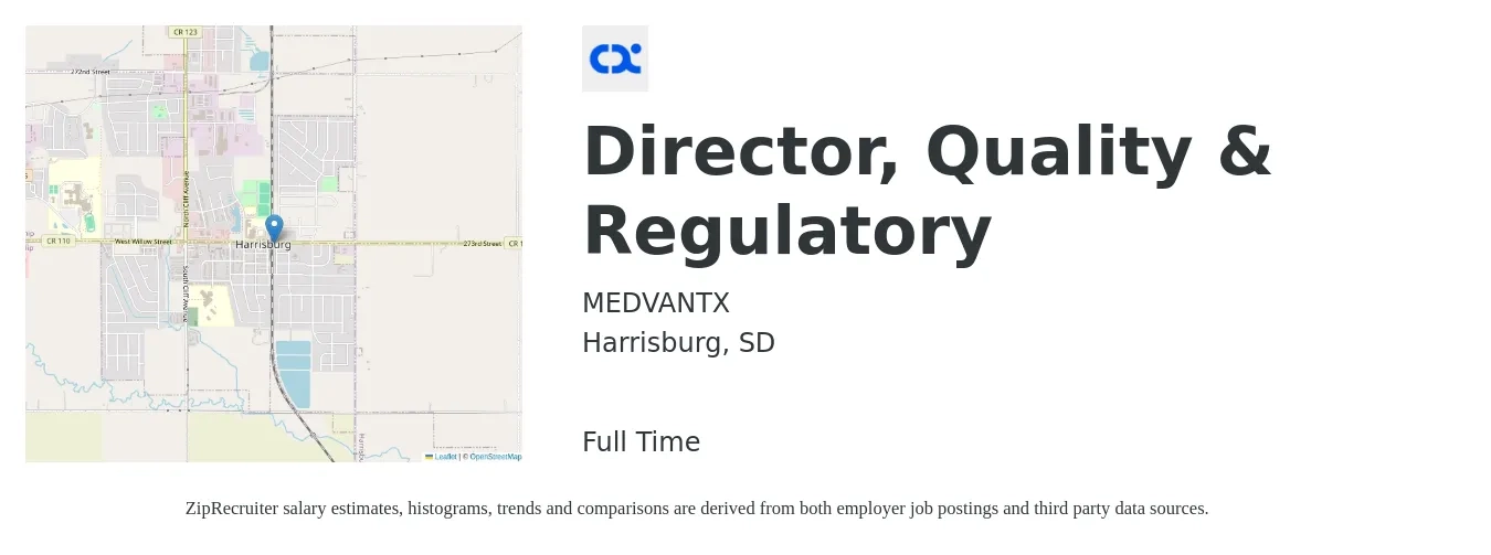 MEDVANTX job posting for a Director, Quality & Regulatory in Harrisburg, SD with a salary of $87,200 to $144,600 Yearly with a map of Harrisburg location.