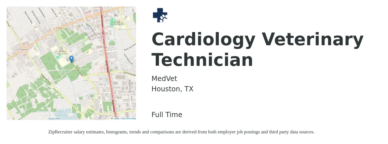 MedVet job posting for a Cardiology Veterinary Technician in Houston, TX with a salary of $18 to $24 Hourly with a map of Houston location.
