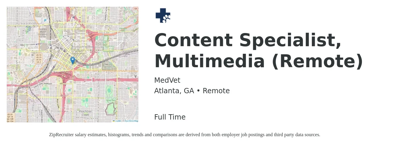 MedVet job posting for a Content Specialist, Multimedia (Remote) in Atlanta, GA with a salary of $49,500 to $73,300 Yearly with a map of Atlanta location.