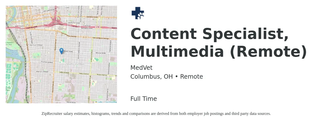 MedVet job posting for a Content Specialist, Multimedia (Remote) in Columbus, OH with a salary of $50,200 to $74,400 Yearly with a map of Columbus location.