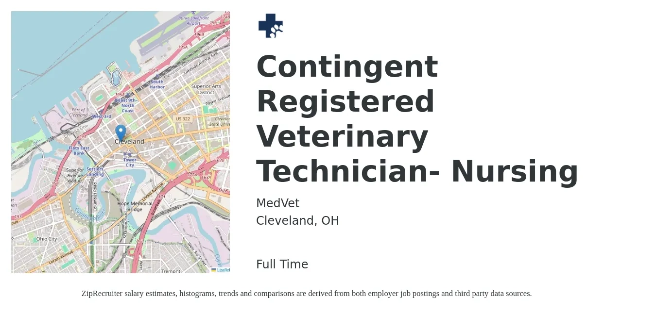 MedVet job posting for a Contingent Registered Veterinary Technician- Nursing in Cleveland, OH with a salary of $18 to $25 Hourly with a map of Cleveland location.