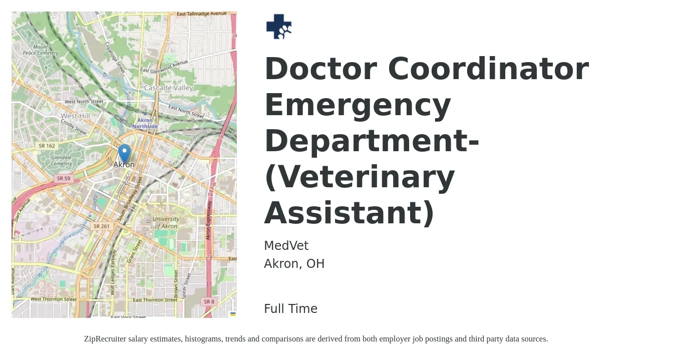 MedVet job posting for a Doctor Coordinator Emergency Department- (Veterinary Assistant) in Akron, OH with a salary of $15 to $19 Hourly with a map of Akron location.