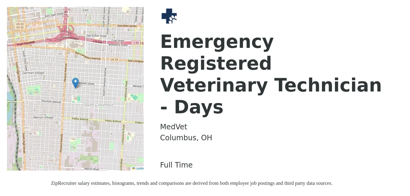 MedVet job posting for a Emergency Registered Veterinary Technician - Days in Columbus, OH with a salary of $28 Hourly with a map of Columbus location.