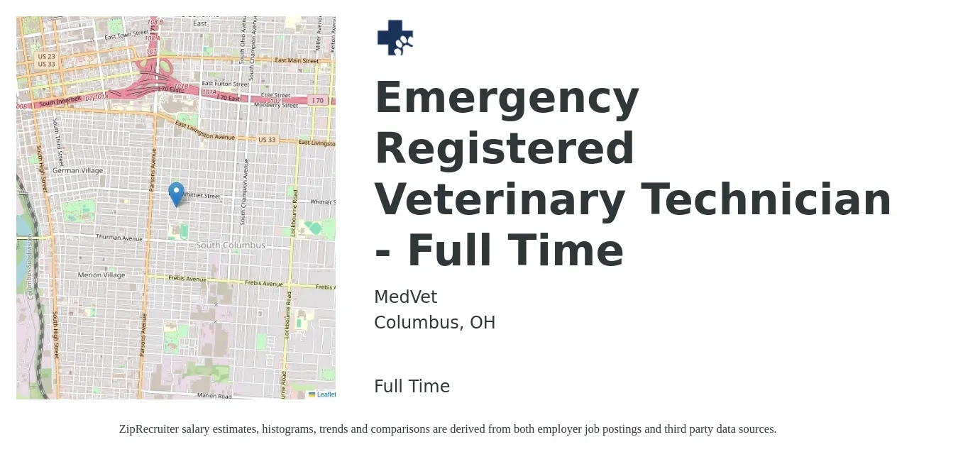 MedVet job posting for a Emergency Registered Veterinary Technician - Full Time in Columbus, OH with a salary of $20 to $27 Hourly with a map of Columbus location.