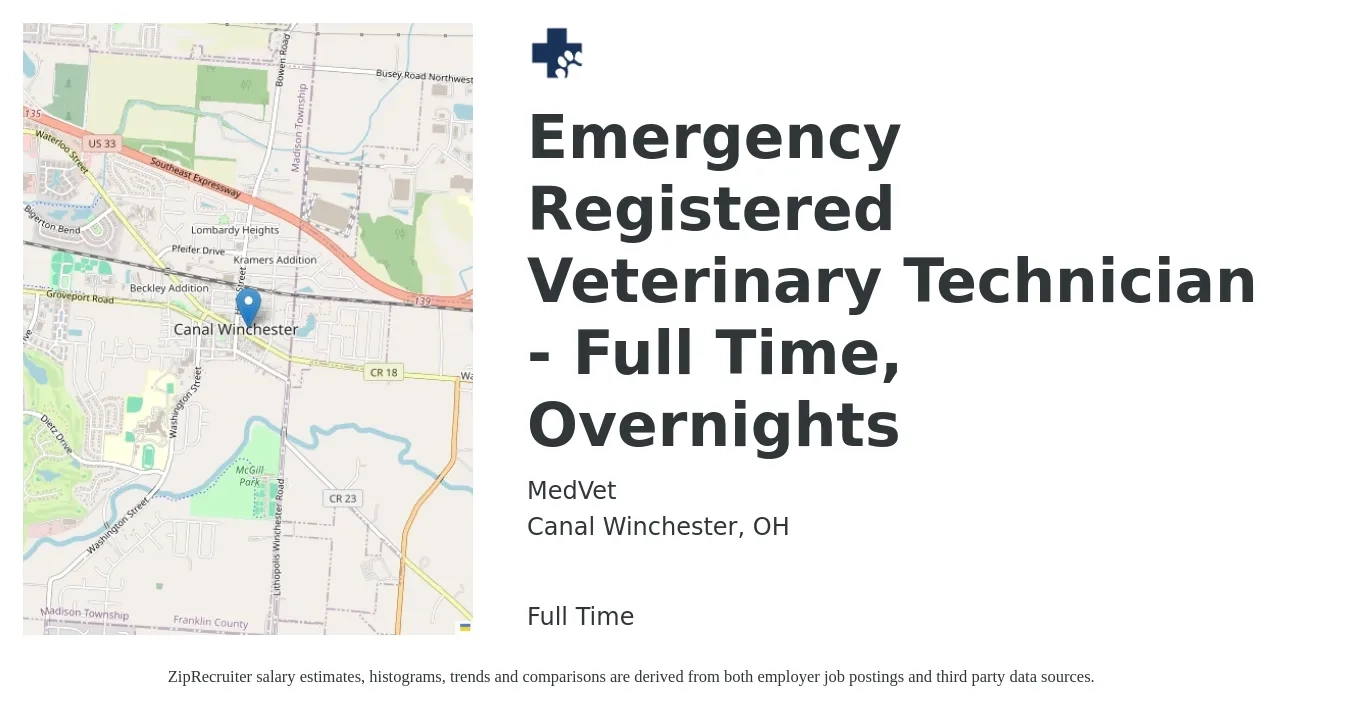 MedVet job posting for a Emergency Registered Veterinary Technician - Full Time, Overnights in Canal Winchester, OH with a salary of $19 to $27 Hourly with a map of Canal Winchester location.