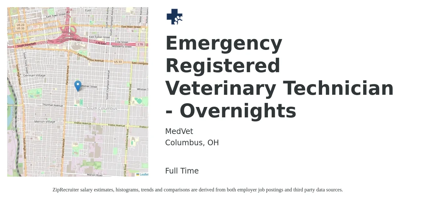 MedVet job posting for a Emergency Registered Veterinary Technician - Overnights in Columbus, OH with a map of Columbus location.
