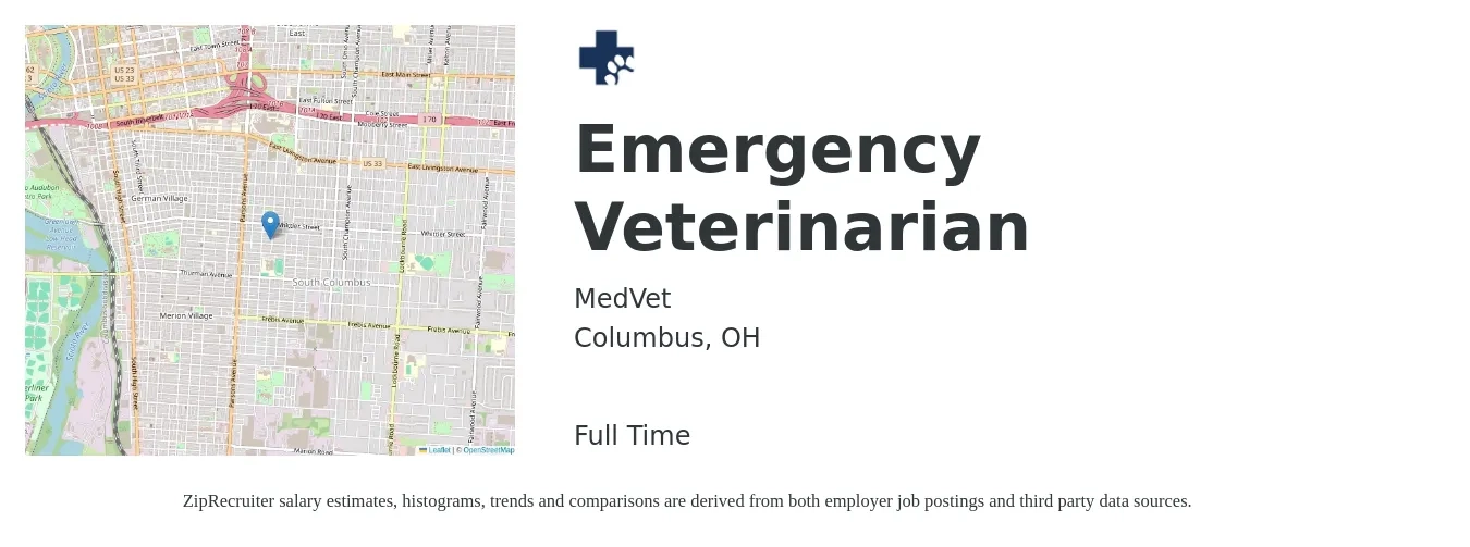 MedVet job posting for a Emergency Veterinarian in Columbus, OH with a salary of $170,500 to $212,000 Yearly with a map of Columbus location.