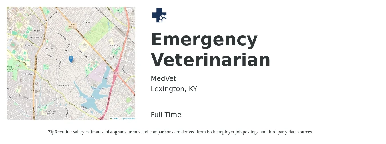 MedVet job posting for a Emergency Veterinarian in Lexington, KY with a salary of $154,600 to $192,200 Yearly with a map of Lexington location.