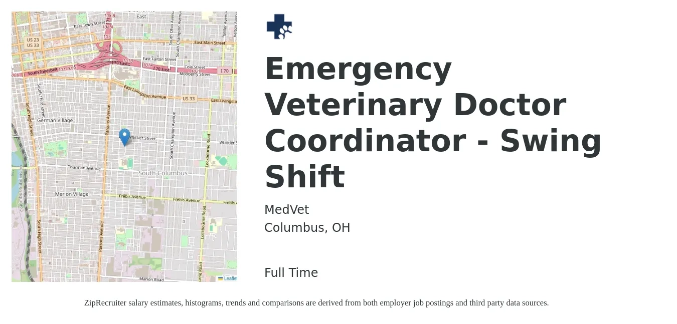MedVet job posting for a Emergency Veterinary Doctor Coordinator - Swing Shift in Columbus, OH with a salary of $170,500 to $212,000 Yearly with a map of Columbus location.