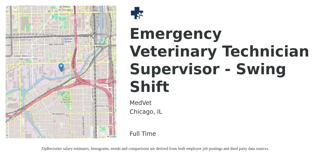 MedVet job posting for a Emergency Veterinary Technician Supervisor - Swing Shift in Chicago, IL with a salary of $20 to $29 Hourly with a map of Chicago location.