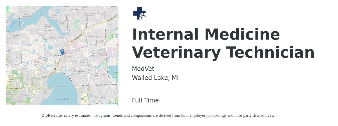 MedVet job posting for a Internal Medicine Veterinary Technician in Walled Lake, MI with a salary of $18 to $24 Hourly with a map of Walled Lake location.