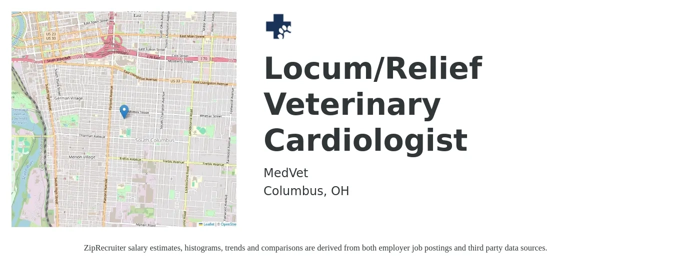 MedVet job posting for a Locum/Relief Veterinary Cardiologist in Columbus, OH with a salary of $341,900 to $386,400 Yearly with a map of Columbus location.