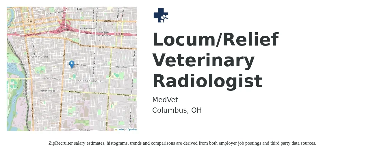 MedVet job posting for a Locum/Relief Veterinary Radiologist in Columbus, OH with a salary of $88,900 to $277,200 Yearly with a map of Columbus location.