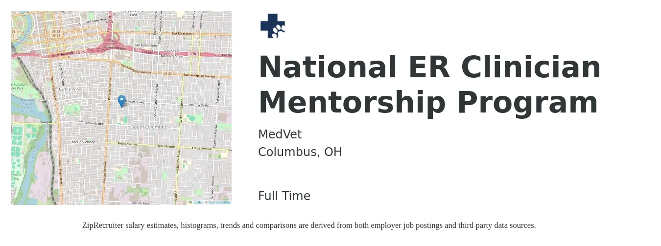 MedVet job posting for a National ER Clinician Mentorship Program in Columbus, OH with a salary of $52,600 to $69,500 Yearly with a map of Columbus location.
