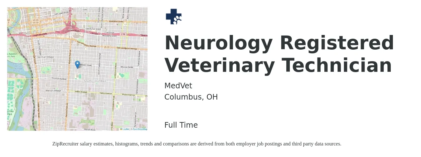 MedVet job posting for a Neurology Registered Veterinary Technician in Columbus, OH with a salary of $18 to $25 Hourly with a map of Columbus location.