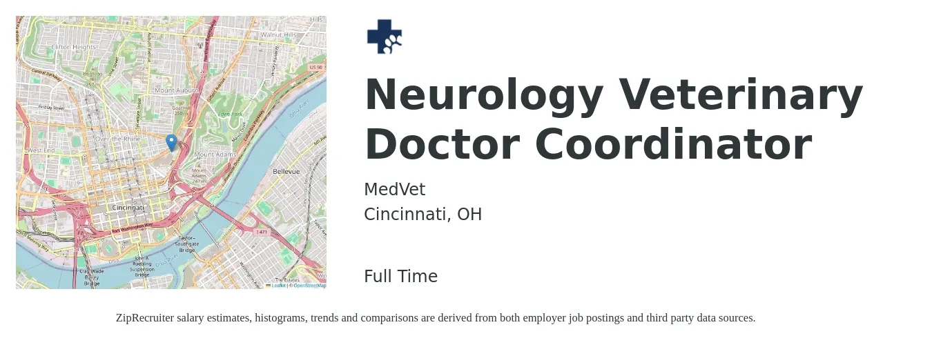MedVet job posting for a Neurology Veterinary Doctor Coordinator in Cincinnati, OH with a salary of $107,500 to $209,300 Yearly with a map of Cincinnati location.