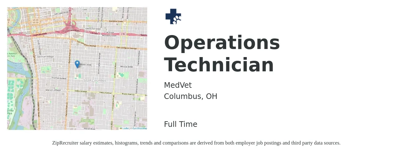 MedVet job posting for a Operations Technician in Columbus, OH with a salary of $19 to $28 Hourly with a map of Columbus location.