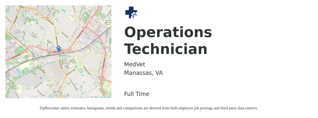 MedVet job posting for a Operations Technician in Manassas, VA with a salary of $20 to $28 Hourly with a map of Manassas location.