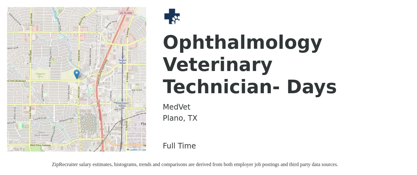 MedVet job posting for a Ophthalmology Veterinary Technician- Days in Plano, TX with a salary of $18 to $25 Hourly with a map of Plano location.