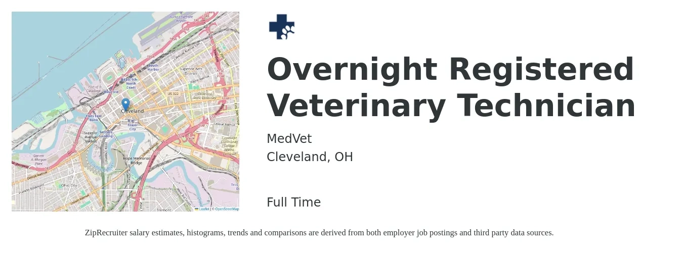 MedVet job posting for a Overnight Registered Veterinary Technician in Cleveland, OH with a salary of $18 to $25 Hourly with a map of Cleveland location.